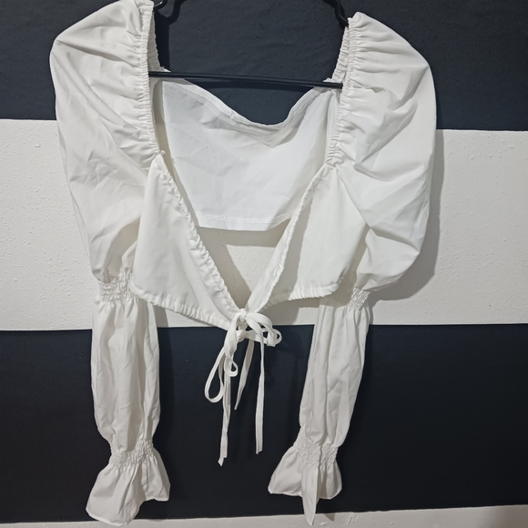 Women sexy white tie puffer elastic long sleeve top - Picture 5 of 16